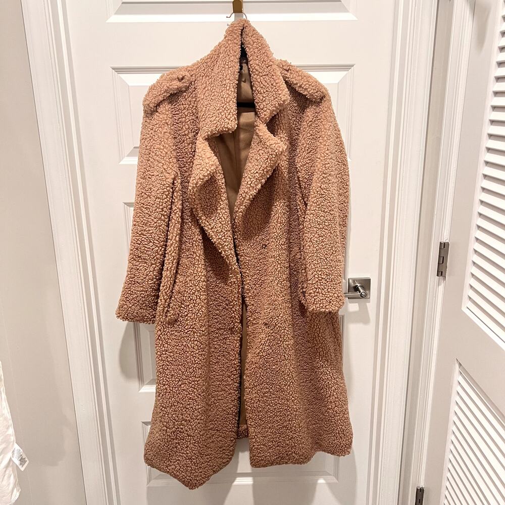 Naked Wardrobe Teddy Bear Coat XL Camel Long Faux Sherpa 45” Cozy